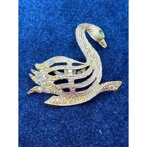 Vintage Gold Tone Swan Brooch With Rhinestones & Safety Clasp